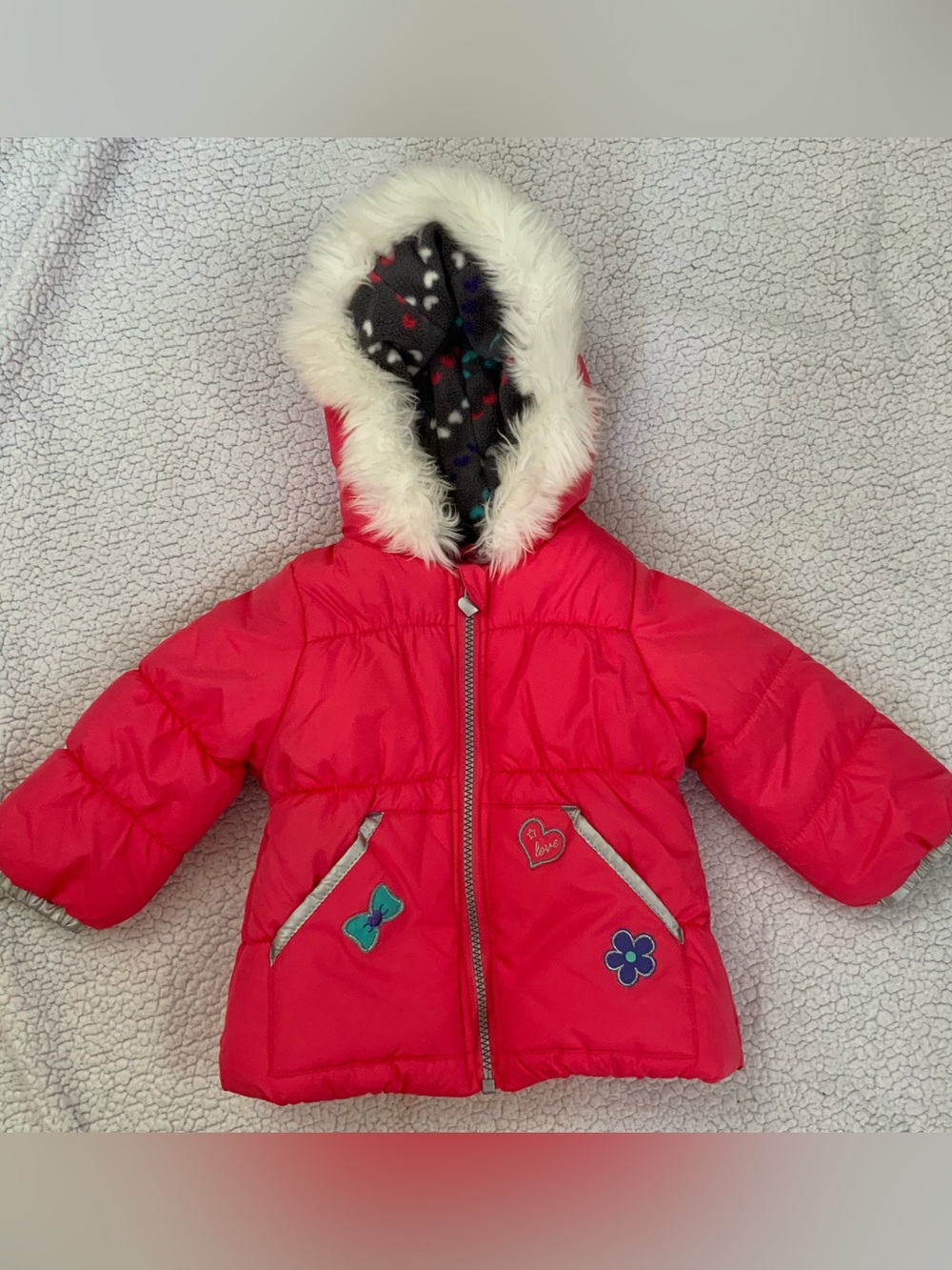 London Fog Infant Girls Puffer Coat Hood Full Zip Pink Fleece Lined Size 24 Mos
